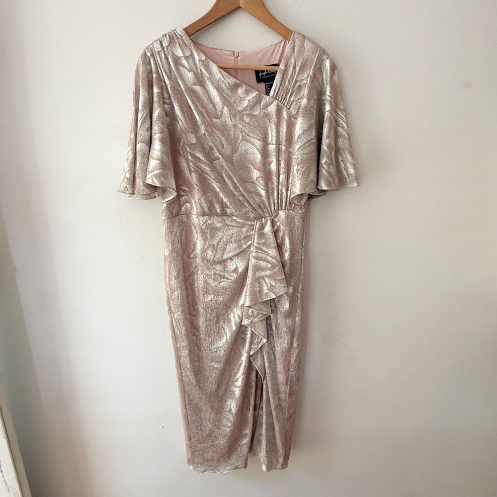 Joseph Ribkoff Dress Women 10 Pink Metallic Ruched Flutter Sleeve Cocktail Party